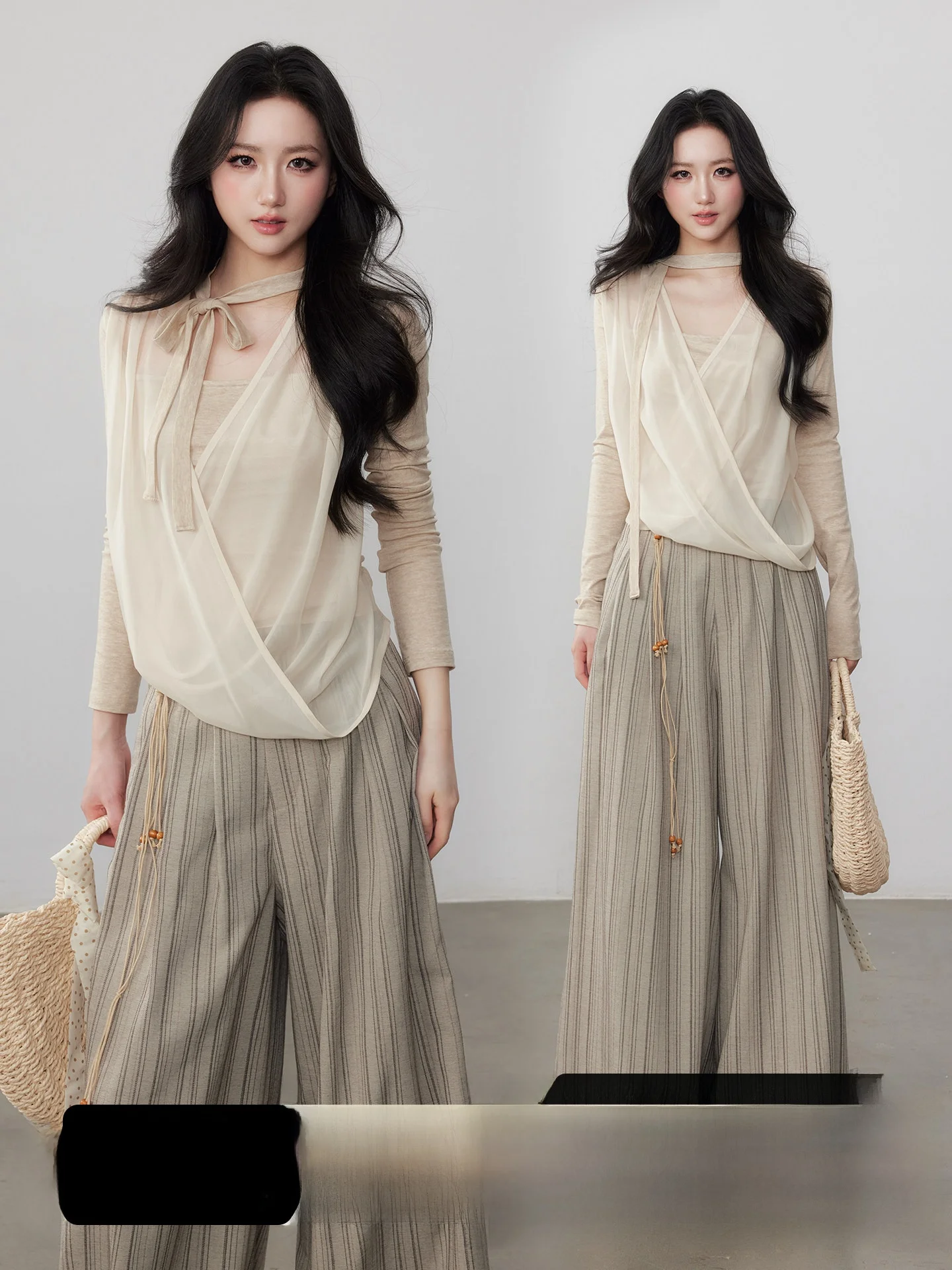 

Yuzhi Gentle Wind Oatmeal Color Knitted Sweater Mesh Splicing Loose Fit Spring Summer New Style Women's T-shirt V-neck Long S...