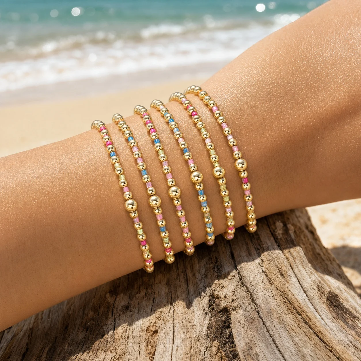 6pcs Stackable Gold Color Plastic Round Beaded Bracelet Set with Colorful Accent Beads for Women Trendy Beach Style