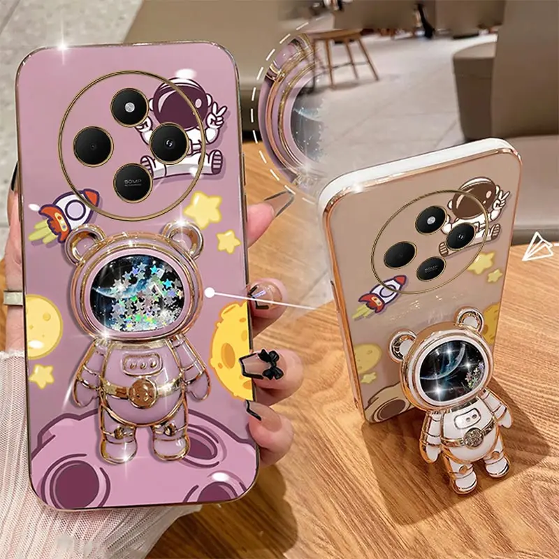 14 C Cheering Astronauts Plating Phone Holder Case For Xiaomi Redmi 14C 12C 13 10C 10 13C 12 10A A3 A1 Turbo3 9 9T 9A 8 8A Cover