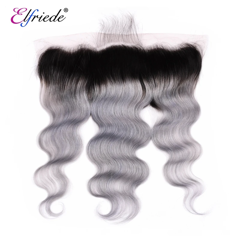 Elfriede bundel rambut pra-warna gelombang tubuh 1B/abu-abu dengan rambut manusia Brasil Frontal 3 bundel dengan renda Frontal 13x4