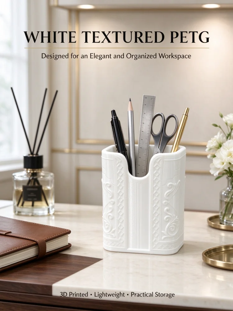 3D Printed White Petg Pen Holder with Embossed Vintage Floral Pattern, Elegant and High-End White Texture Surface, Square Shape with Notched Opening Design, Combining Modern Minimalism with Classic Aesthetics, Light Luxury Office Stationery Organizer, Can Hold Pens, Pencils, Scissors, Rulers, Durable, Lightweight, Drop-Resistant, Height 9.5cm, Opening 7.3cm, Base 7.4cm, Suitable for Office and Hom