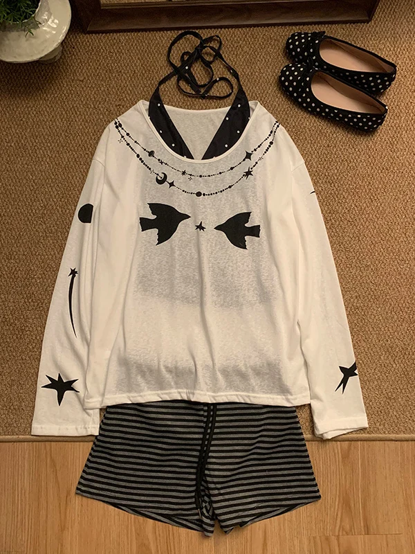 

Loose Summer Women's T-Shirt Long Sleeve UV Protection Lightweight Casual Top Korean Holiday Style Printed Polyester Fiber