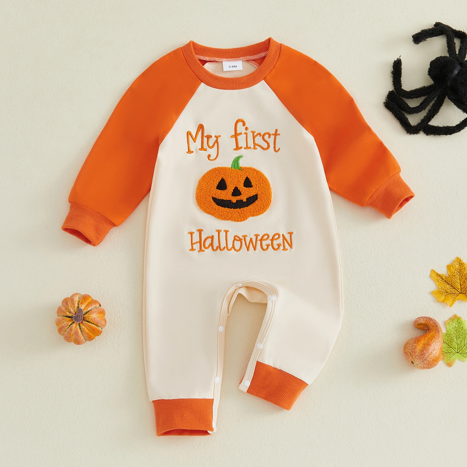 Baby Halloween Romper Pumpkin Letter Embroidered Long Raglan Sleeve Jumpsuit Cute Fall Holiday Clothes for Infant Boys Girls