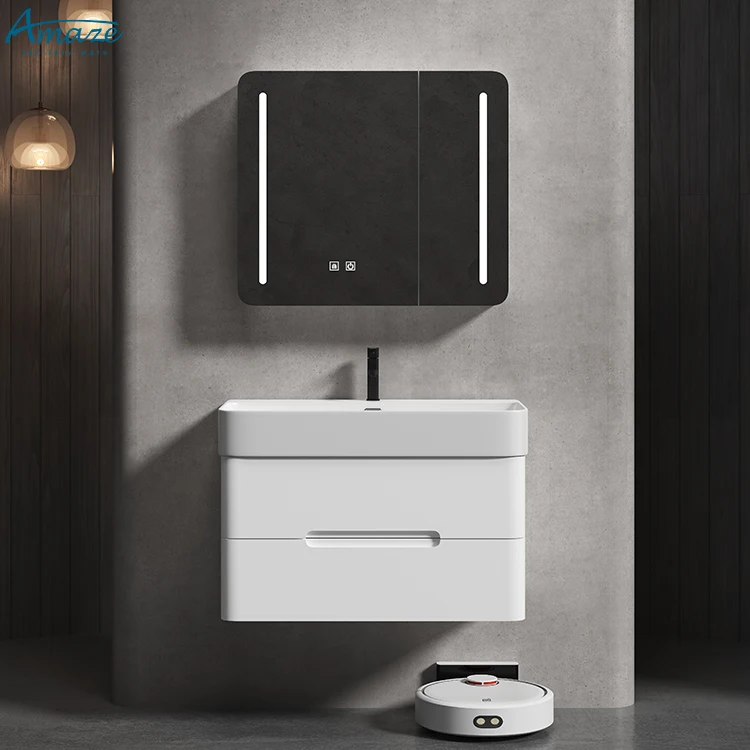Modern Double Drawers Bathroom Vanities Pvc Bathroom Cabinet With Mirror Wash Basin for Hotel Bathroom