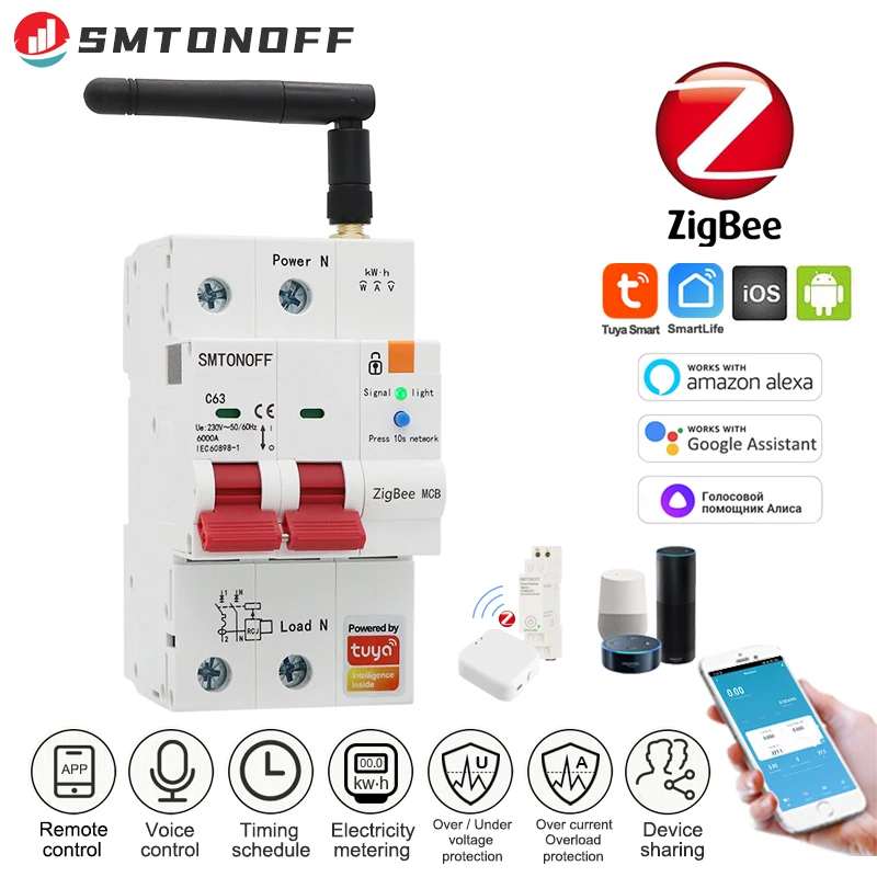 Zigbee Tuya 2P Smart MCB Prepaid Meter Timer Switch Voltage Current Protector Voice Control Alexa Google Alice