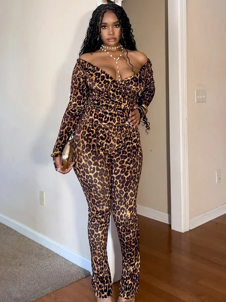 Kliou Set da 2 pezzi con stampa leopardata Donna con spalle scoperte Top a maniche lunghe con scollo a V profondo + Pantaloni dritti a vita alta Abiti di moda sexy
