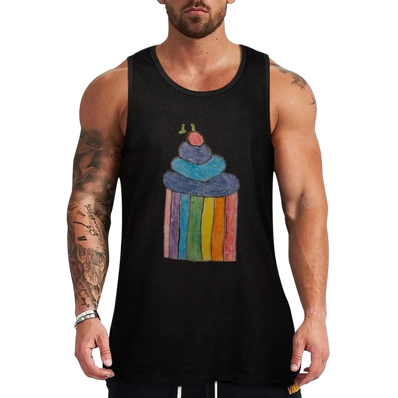 Rainbow Cupcake with blueberry icing Tank Top Gym t-shirt man bodybuilding cotton t-shirts man clothes for men