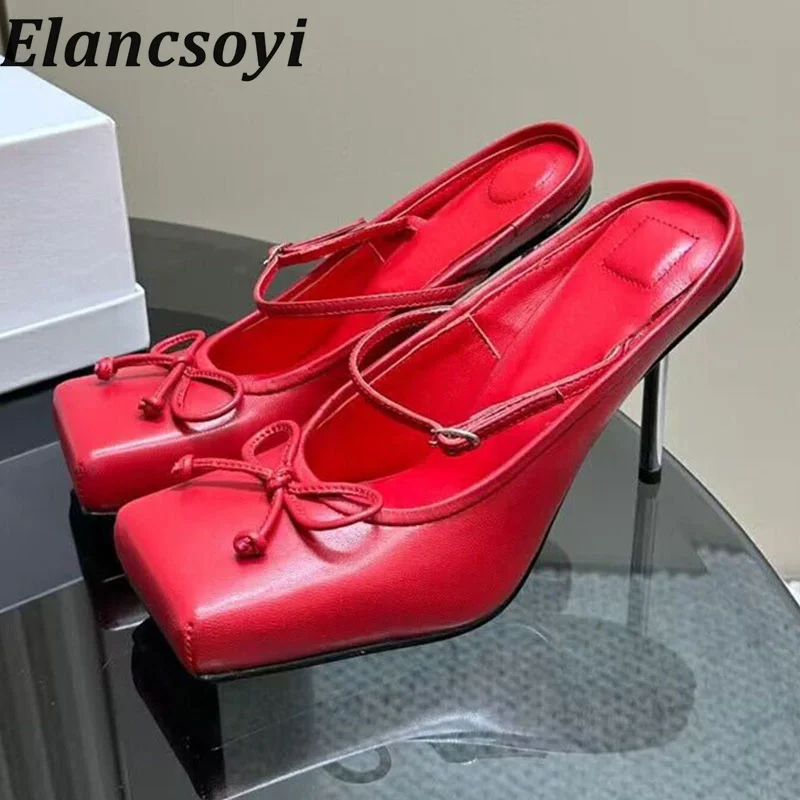 Square Toe Bow Knot Real Leather Fine Heel Sandals Women Back Strap Solid Color Pumps Spring Autumn Leisure Vacation Lazy Mules