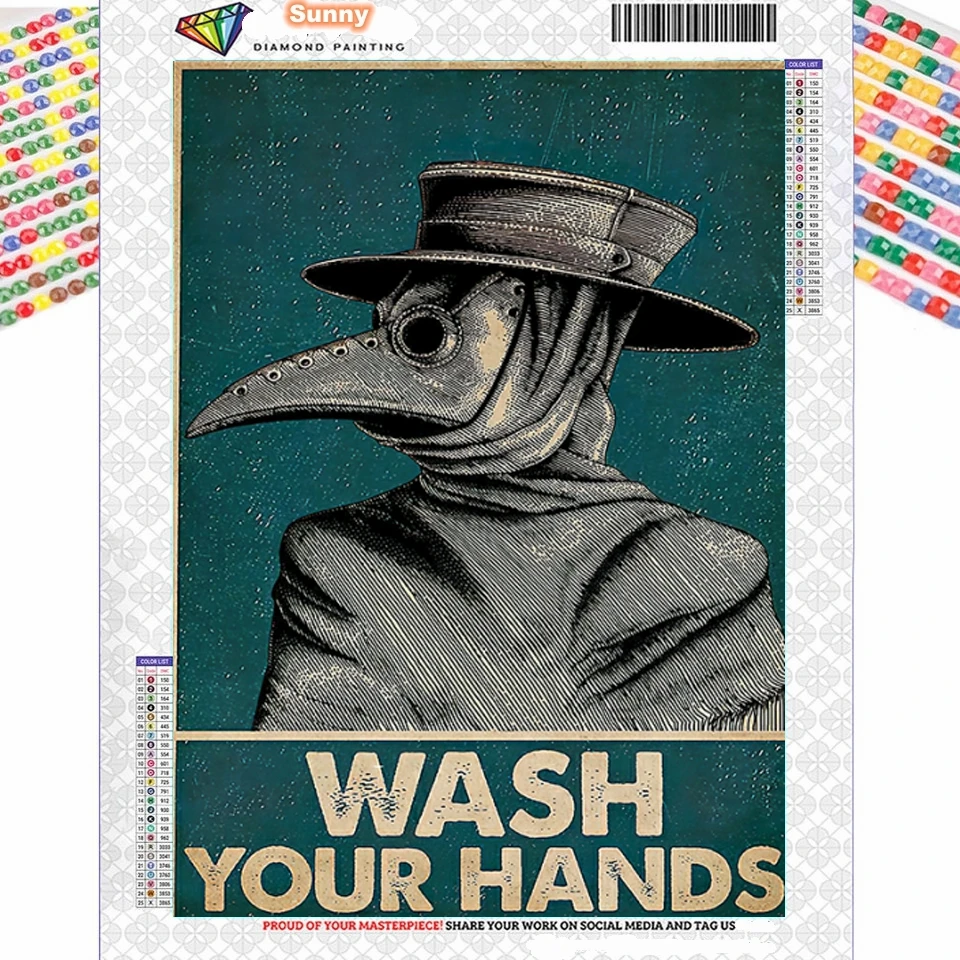 

Plague Doctor 5D Diamond Painting Cartoon Art Wash Your Hand Sign Public Health Diy Full Drill Cross Stitch DMC Home Decor Gift