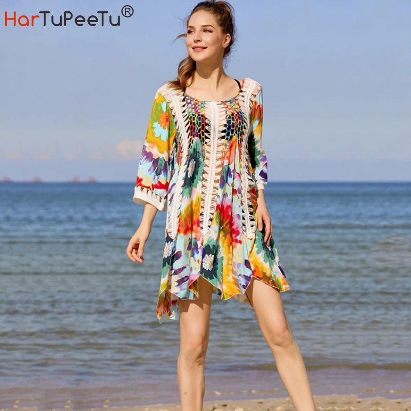 Colourful Print Bikini Cover Ups Women Summer 2023 Beach Dress Patchwork Hollow Out Crochet Wave Hem Loose Long Cape Vestido