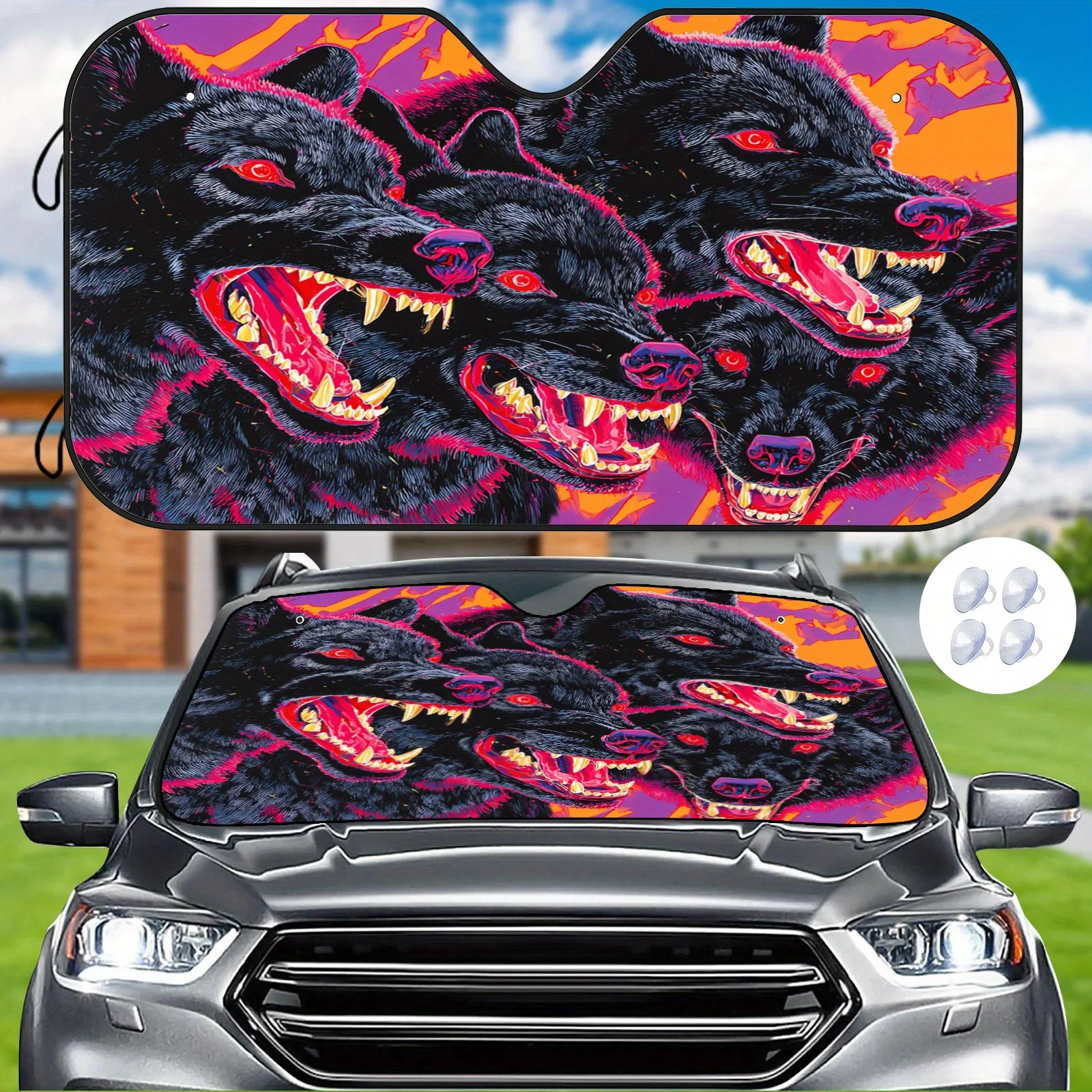 Dark Wolf Fluorescent Illustration Sunshade, Cool Street Style, Easy To Install And Durable, Includes 4 Suction Cups, Maintains
