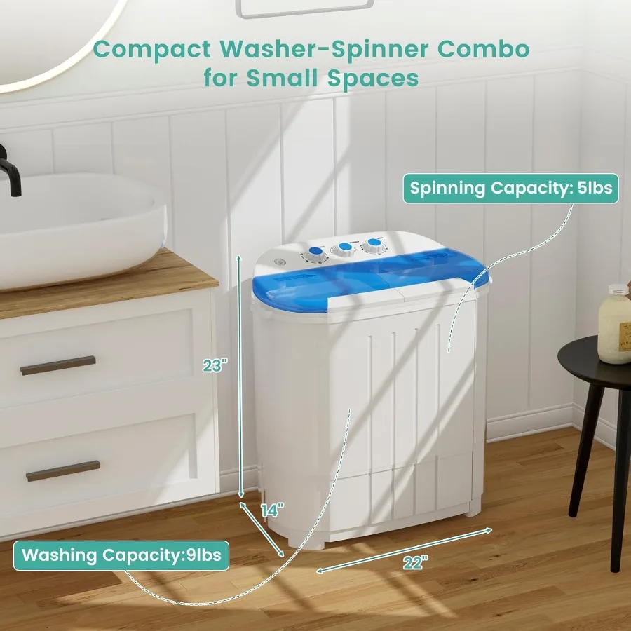 14 Lbs Portable Washing Machine for Apartment RV Dorm and Small Spaces Compact Top-Load Design with 9 Lbs Washer and 5 Lbs Spin