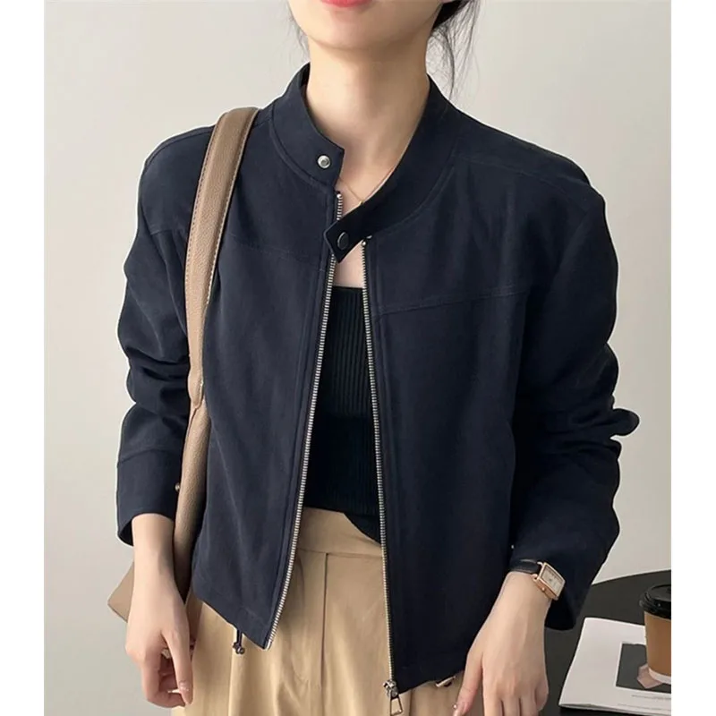 Retro feminino gola forrado outwear avançado feminino mangas compridas jaqueta primavera outono senhoras moda zíper locomotiva casaco