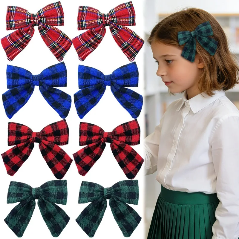 2pcs Retro Plaid Bow Hair Clips Girls British Plaid Accent Trendy Accessory Stylish New Headwear For Kids School Daily Hairstyle