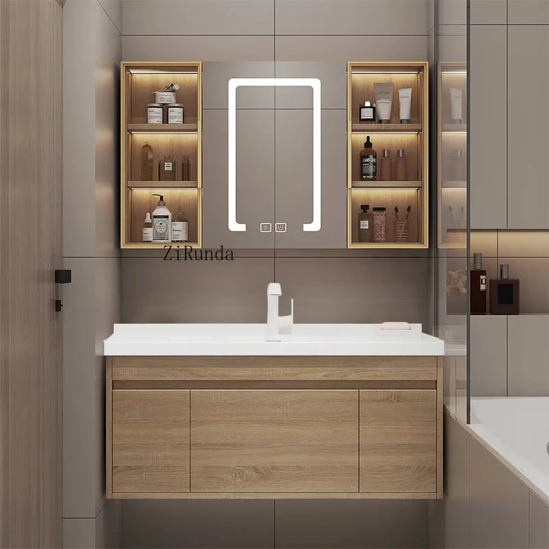 Bathroom Locker with Sink Modern Solid Wood Bathroom Vanity Light Emitting Diode Mirror Custom Bathroom