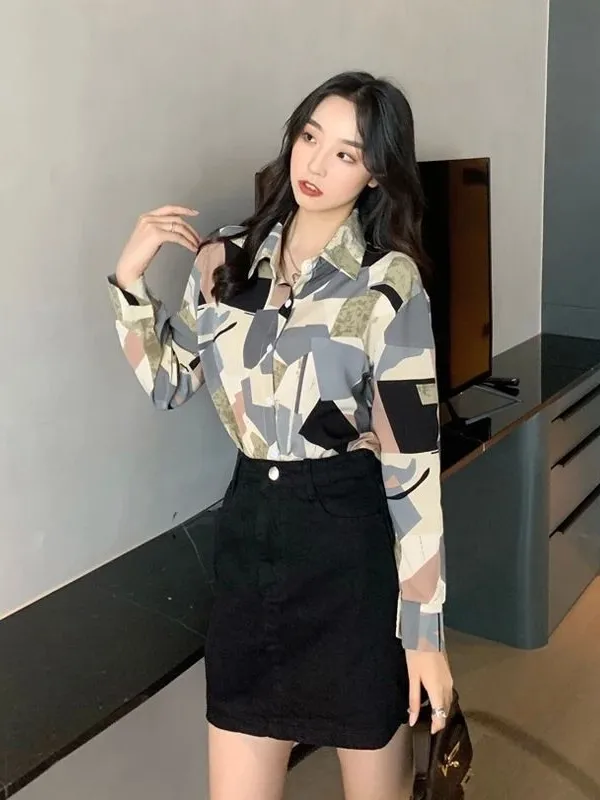 

Women's Floral Shirt Regular Fit Long Sleeve Autumn All-match Cleanfit Short Sleeve Polyester A-line Sleeve Waist-cinching