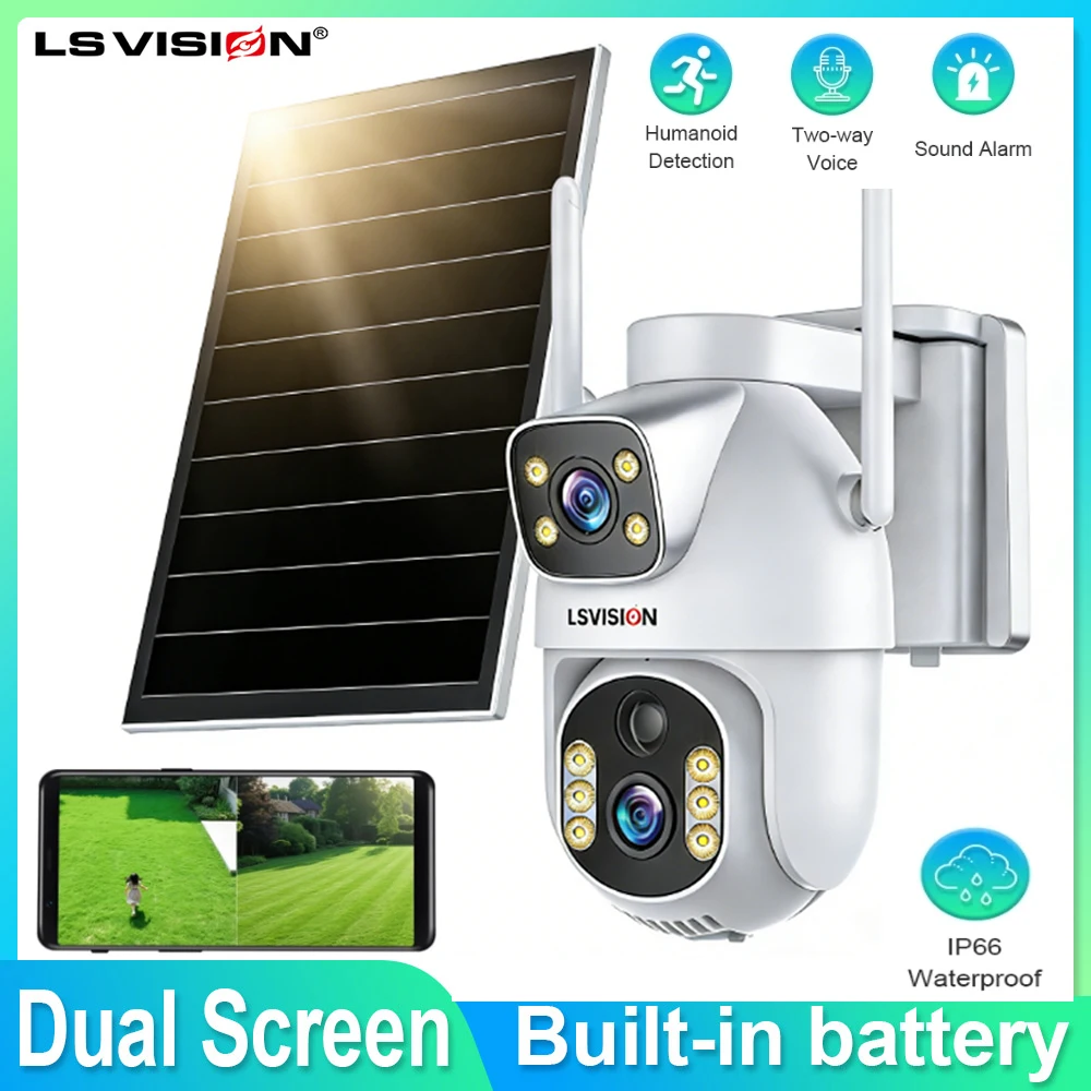 

LS VISION Dual-Lens Solar Security Camera 8MP Wireless Outdoor 4G Camera for Home Security Color Night Motion Detection Cctv