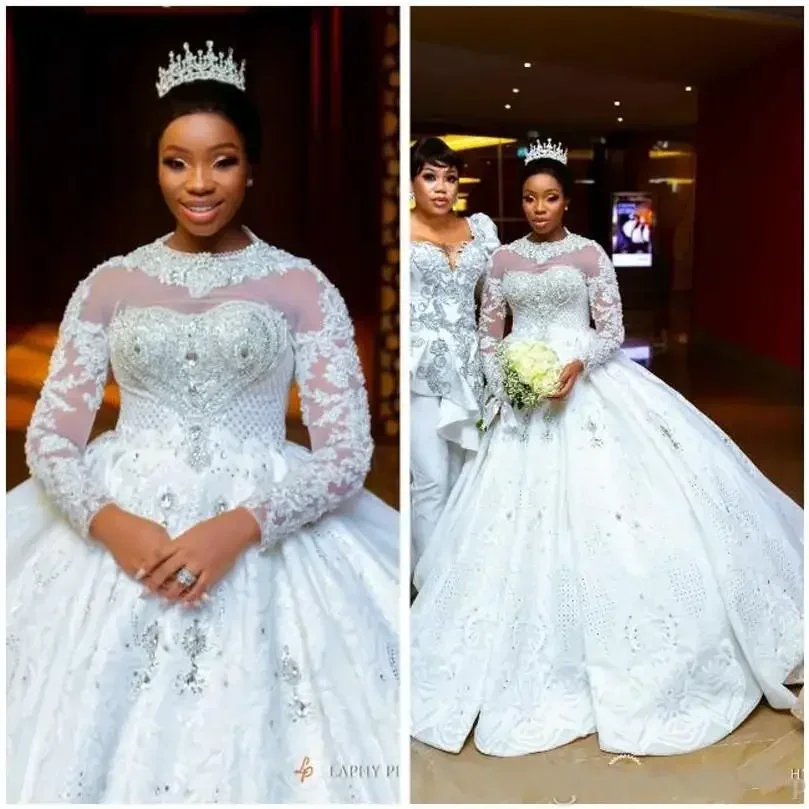 Suknie ślubne Aso Ebi na zamówienie, w stylu arabskim, plus size, luksusowe, koronkowe, seksowne, zdobione kryształkami, z długimi rękawami, Shee