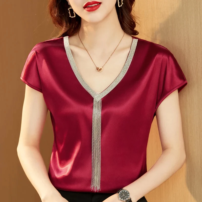 Summer Fashion Satin Short Sleeve Shirts and Blouses for Women V-neck Elegant Woman Casual Solid Office Lady Loose Tops 15494