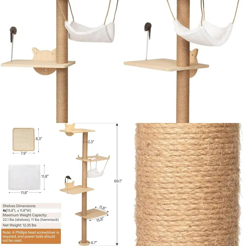 

Space-Saving Wooden Cat Tree with Hammock, Scratching Pad, and Perch for Cats of All Sizes