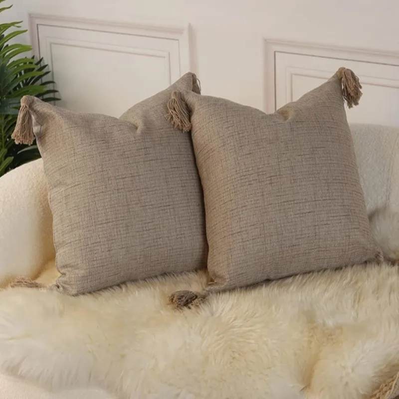 

Inyahome Set of 2 Throw Pillow Covers Decorative Pillows for Couch Rustic Linen Tassels Cushion Cover Large Accent Pillowcase