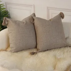 Inyahome Set of 2 Throw Pillow Covers Decorative Pillows for Couch Rustic Linen Tassels Cushion Cover Large Accent Pillowcase