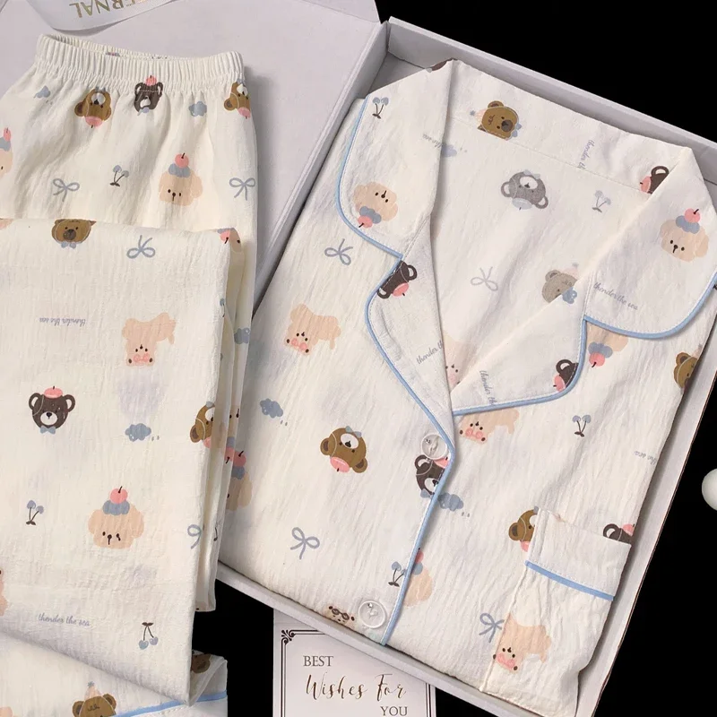 2027 New Women's Sleepwear Five Line Craftsmanship Ins Style Korean Gray Blue Bear Skin Friendly Home Suit Set Pajamas Homewear