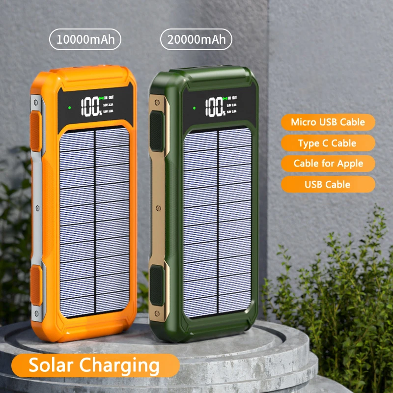 

Solar Power Bank 20000mAh Built in Cable LED Light Digital Display Powerbank for iPhone 16 15 14 Samsung Huawei Xiaomi Poverbank