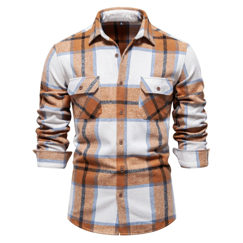 2023 Autumn New Light Business European Pocket Professional Fashion Plaid Long Sleeve Shirt Men's Top