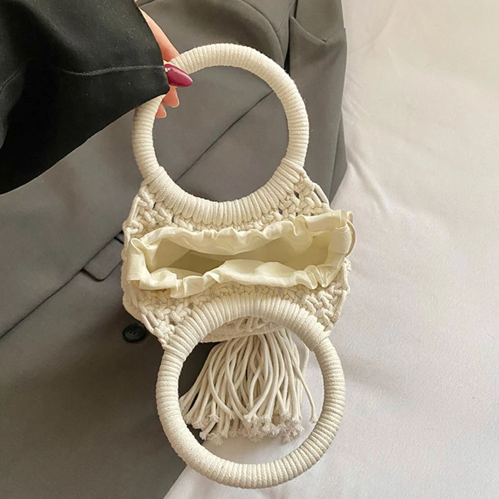 Handmade Cotton Thread Straw Woven Bag Unique Design Tassel  Hollow Out Pouch Summer New Seaside Vacation Circular Handbags ﻿