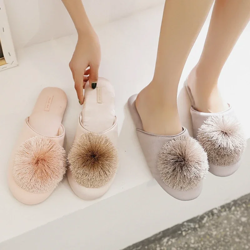 Women Satin Slippers House Elegant Tassel Hairball Comfortable Cloth Chic Ladies Flat Shoes Spring Luxury Champagne Women Slides