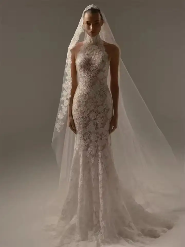 

Luxury Lace Mermaid Wedding Dress Elegant High Neck Open Back Gown Amanda Novias Official