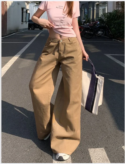

Baggy Jeans Women Khaki Loose Boyfriend Style 90s Korean Fashion 2025 New Streetwear Oversized High Waisted Jeans