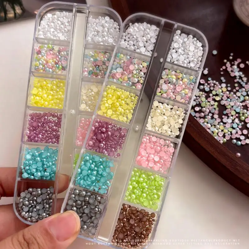 【12Grids Colorful Pearl Nail Charms 3D Semi Circle Beads Nail Art Rhinestones Decorations Nail Jewelry Parts Accessories】