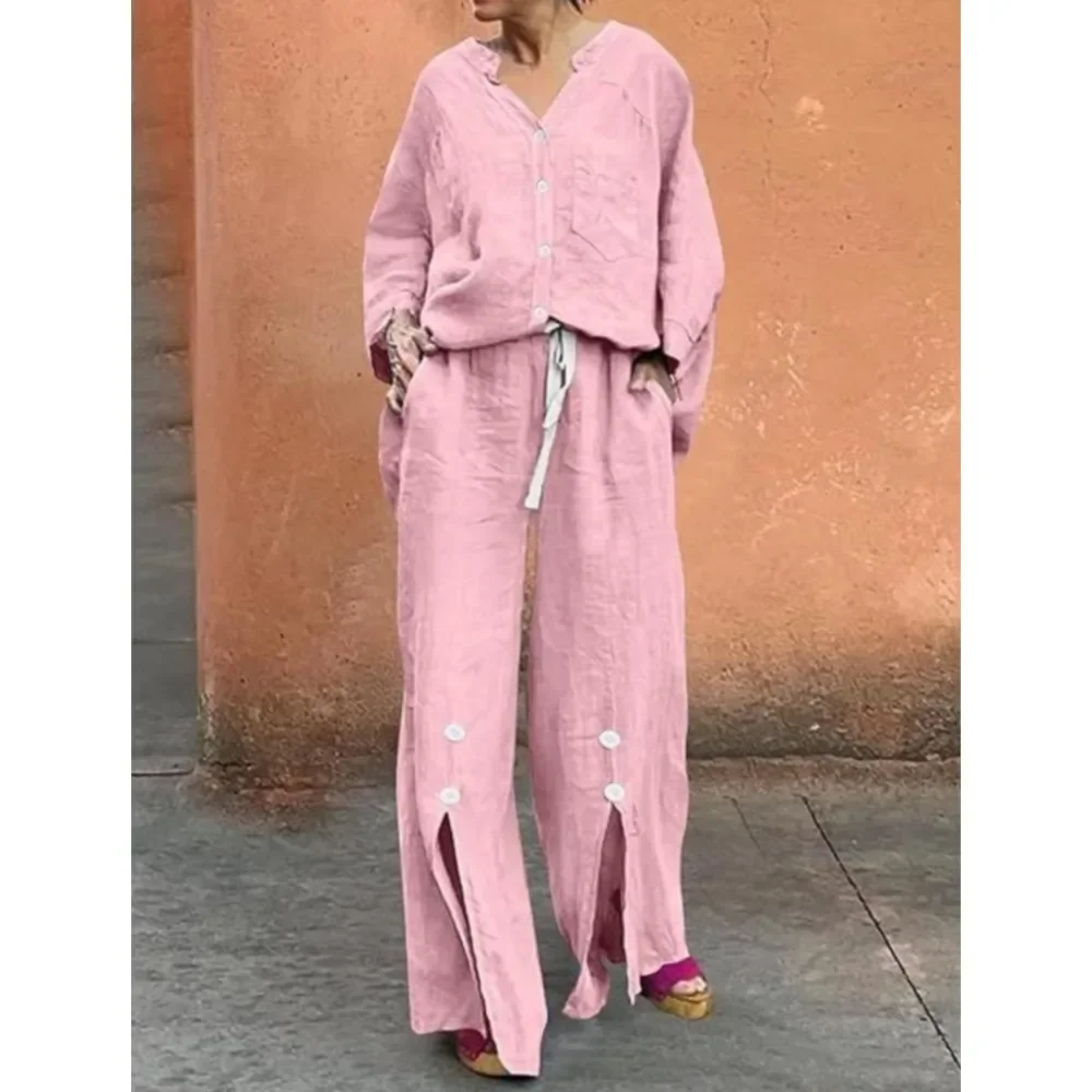 CPSYMYM Fashion Cotton Linen Long-sleeved Shirt Long Pants 2 Piece Set Women's Autumn Casual Loose Wide-leg Split Long Pants Set