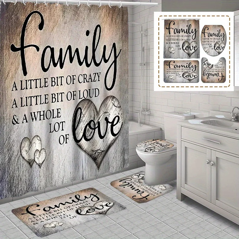家族が大好きな防水バスルームセット、シャワーカーテン、便座カバー、滑り止めラグ、ポリエステル生地、洗える、12、1、4個