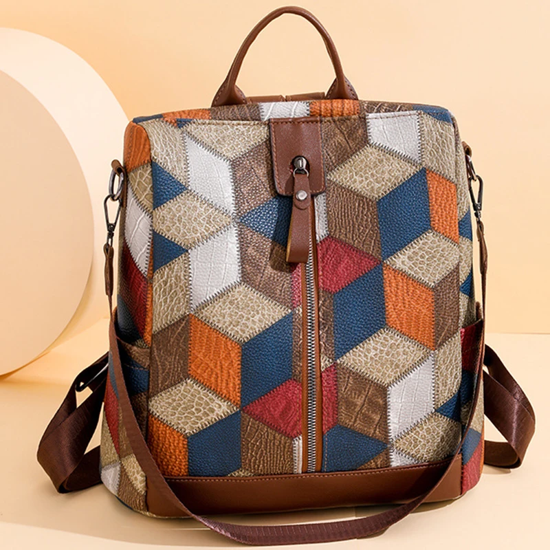 Modny Patchwork skóra PU nowa torebka Retro kontrastujący kolor Trend uliczny damska torba na ramię duża pojemność podróży Bac