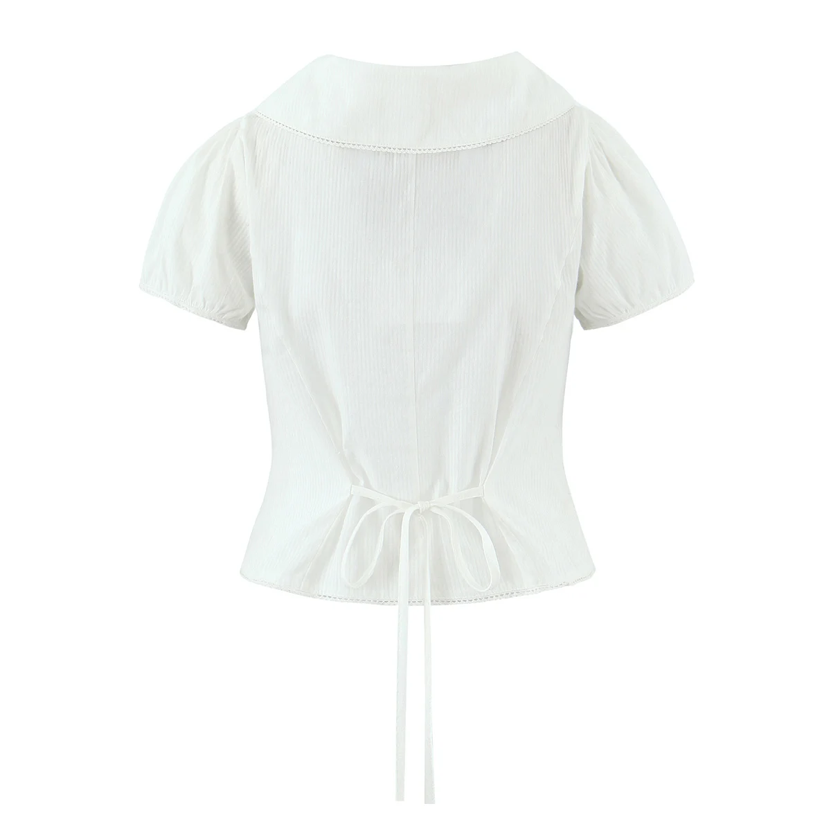 2025 Stylish White Peter Pan Collar Short Puff Sleeve Shirt Women Lacing up Bandage Back Open Buttons Loose Blouse Crop Tops