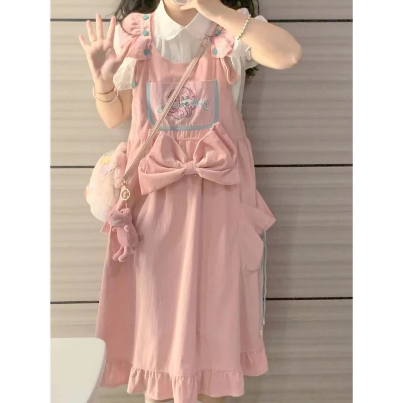 Coreano Kawaii Soft Girl Sweet College Wind Strap Dress Suit Women 2024 Summer New Loose Casual Long Vest gonna a due pezzi da donna