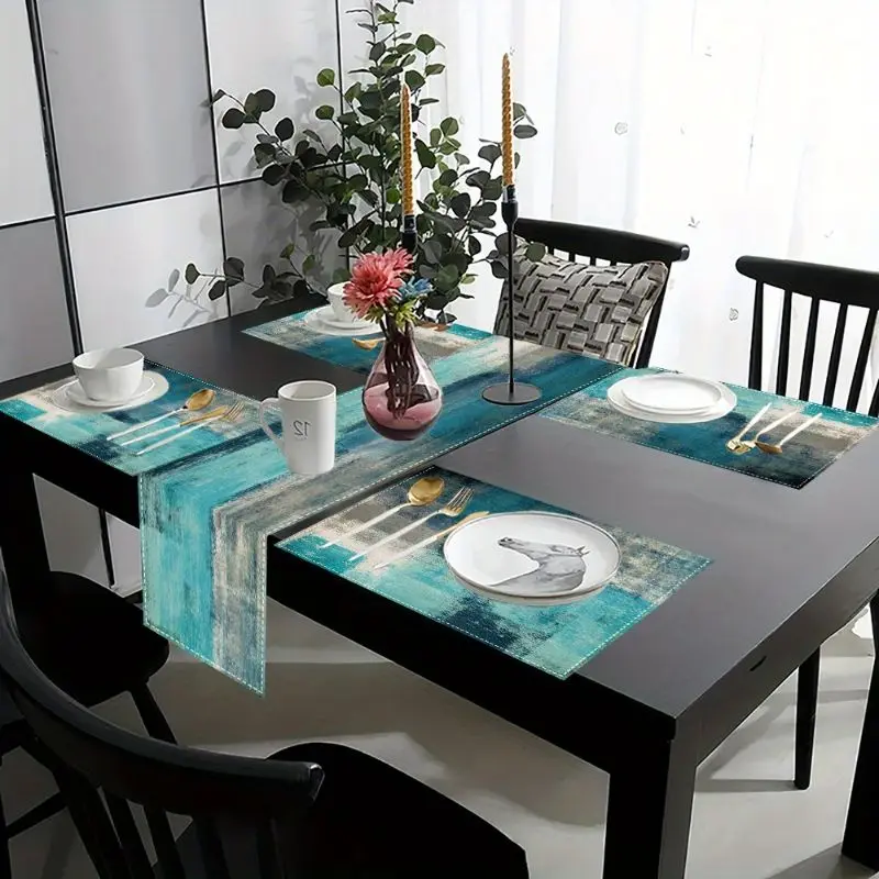 VIKAMA Morandi Abstract Ink Table Runner Placemats Set Waterproof Non Slip Kitchen Dining Table Mat view 3