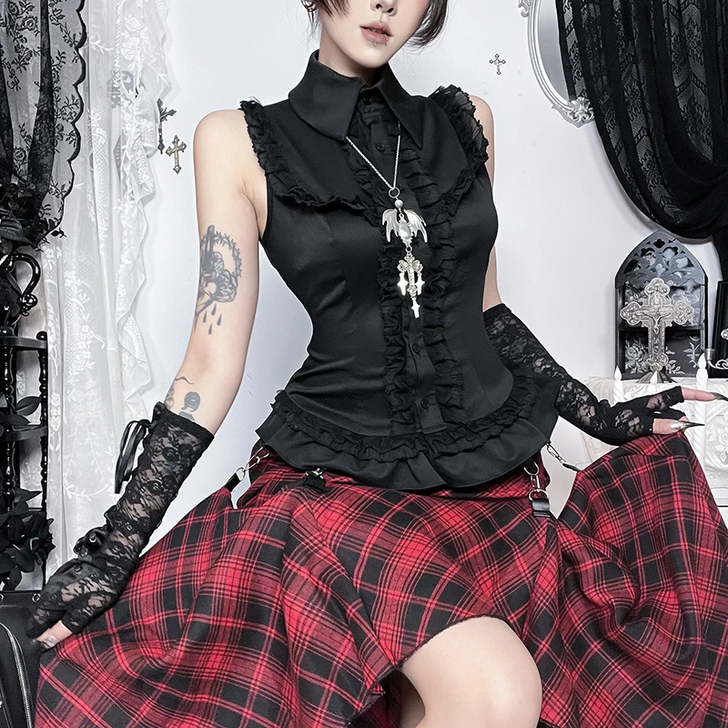 2026 New Harajuku Retro E-girl Gothic Vest Women Vintage Aesthetic Y2k Dark Streetwear Patchwork Sleeveless Woman Crop Tank Tops