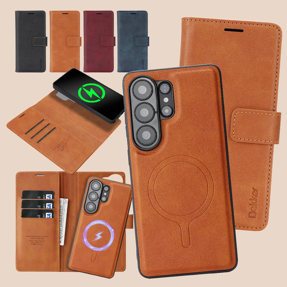 2 in 1 Leather Wallet Case For Samsung Galaxy S26 S25 Ultra S24 Plus S23 S26U S25U Wireless Charging Card Slots Phone Cover