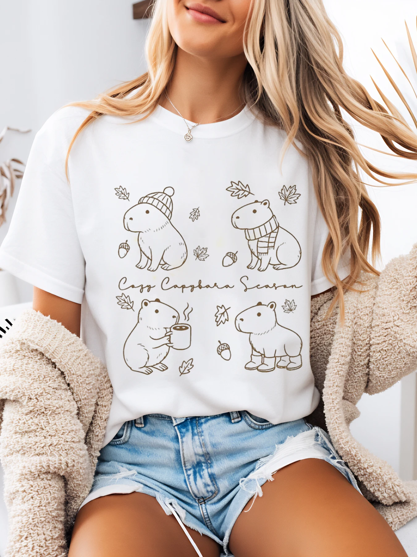 Capybara hiver scène imprimer vacances T-Shirt femmes décontracté automne automne tenue blanc grande taille