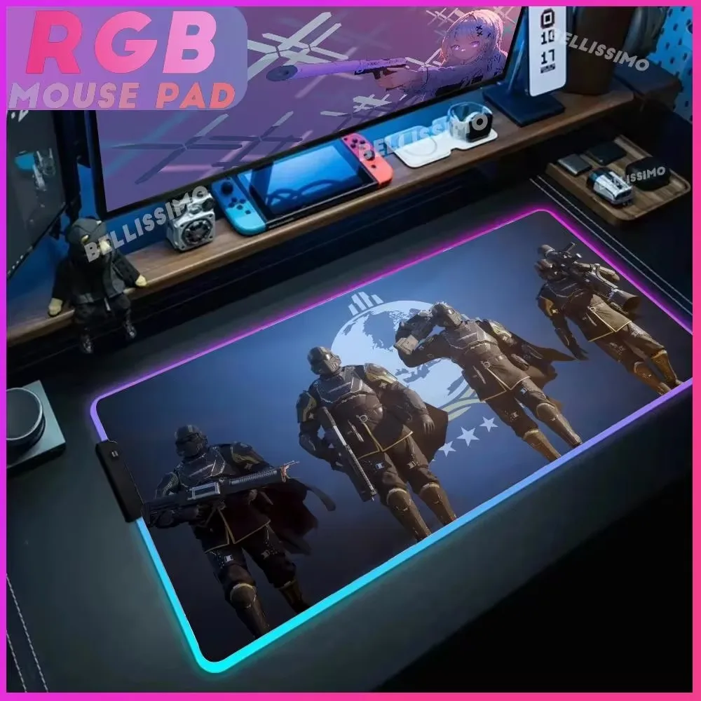 RGB Mouse Pad H_helldivers Large Gaming Mousepad Durable Keyboard Mouse Mat Luminous Desk Mat Backlit Computer Accessories