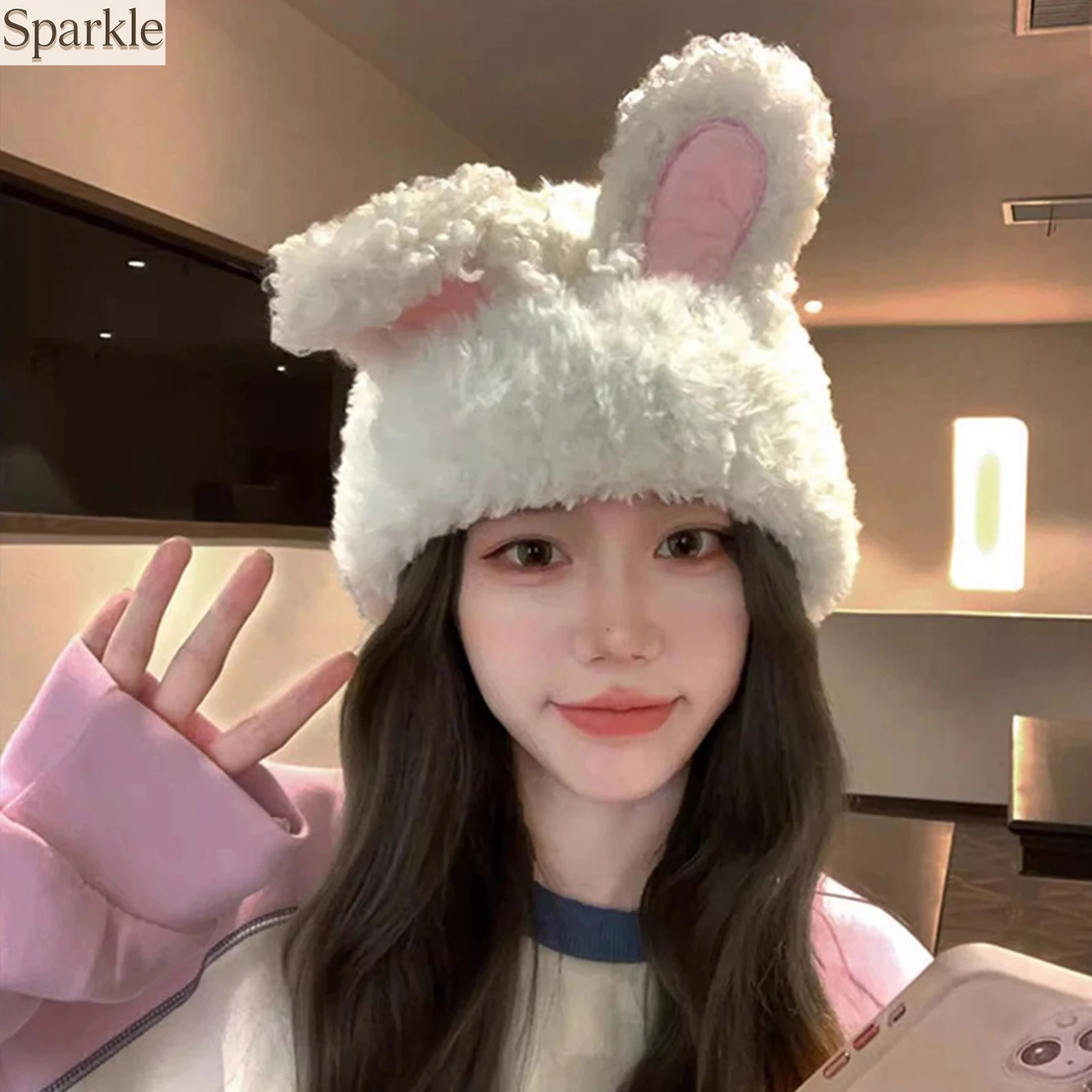 Cute Rabbit Ear Plush Beanie Hat Thicken Winter Warm Anti Cold Knitted Pullover Cap Korean Girl Funny Cartoon Skullcaps Bonnet