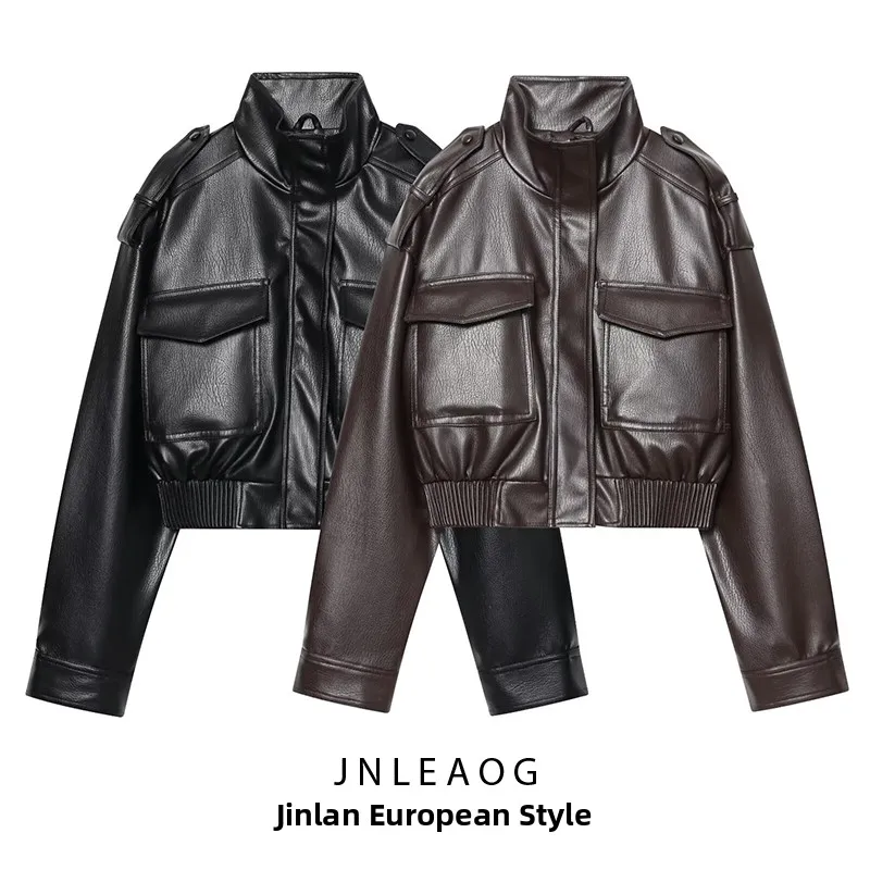 

Женская модная куртка из искусственной кожи JNLEAOG, осенняя новинка, универсальная верхняя одежда, короткое пальто, однотонное, теплое, с утеплением