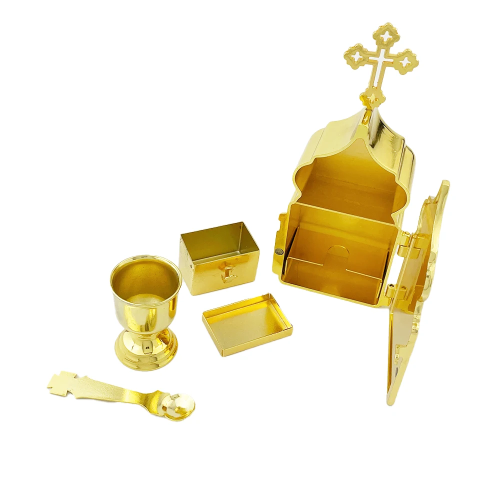Orthodox Gold Plated Tabernacle Box with Enamel Crucifix Icon for Christian Church Altar Communion Host Storage and Religious Us