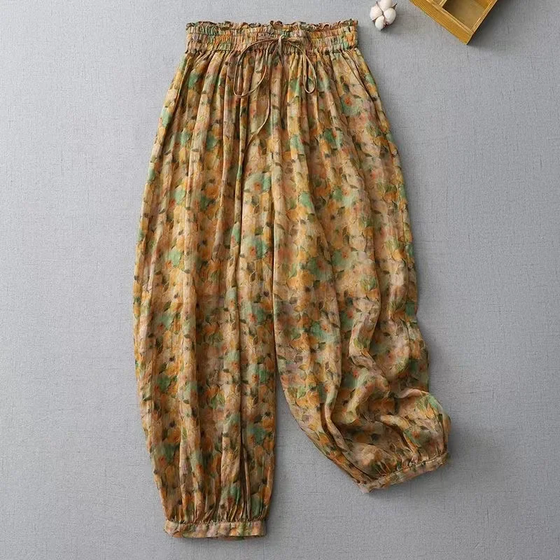 Vintage Women Wide Leg Pants 2024 New Summer Floral Print Oversized Casual Loose Harem Pants Female Bloomers Bohemian Trousers