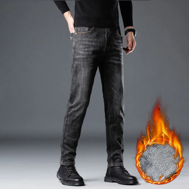 Herren Winter Business Slim Fit Fleece Jeans Dicke warme weiche Hose Casual Business Vielseitige verschleißfeste Plüsch-Samthose