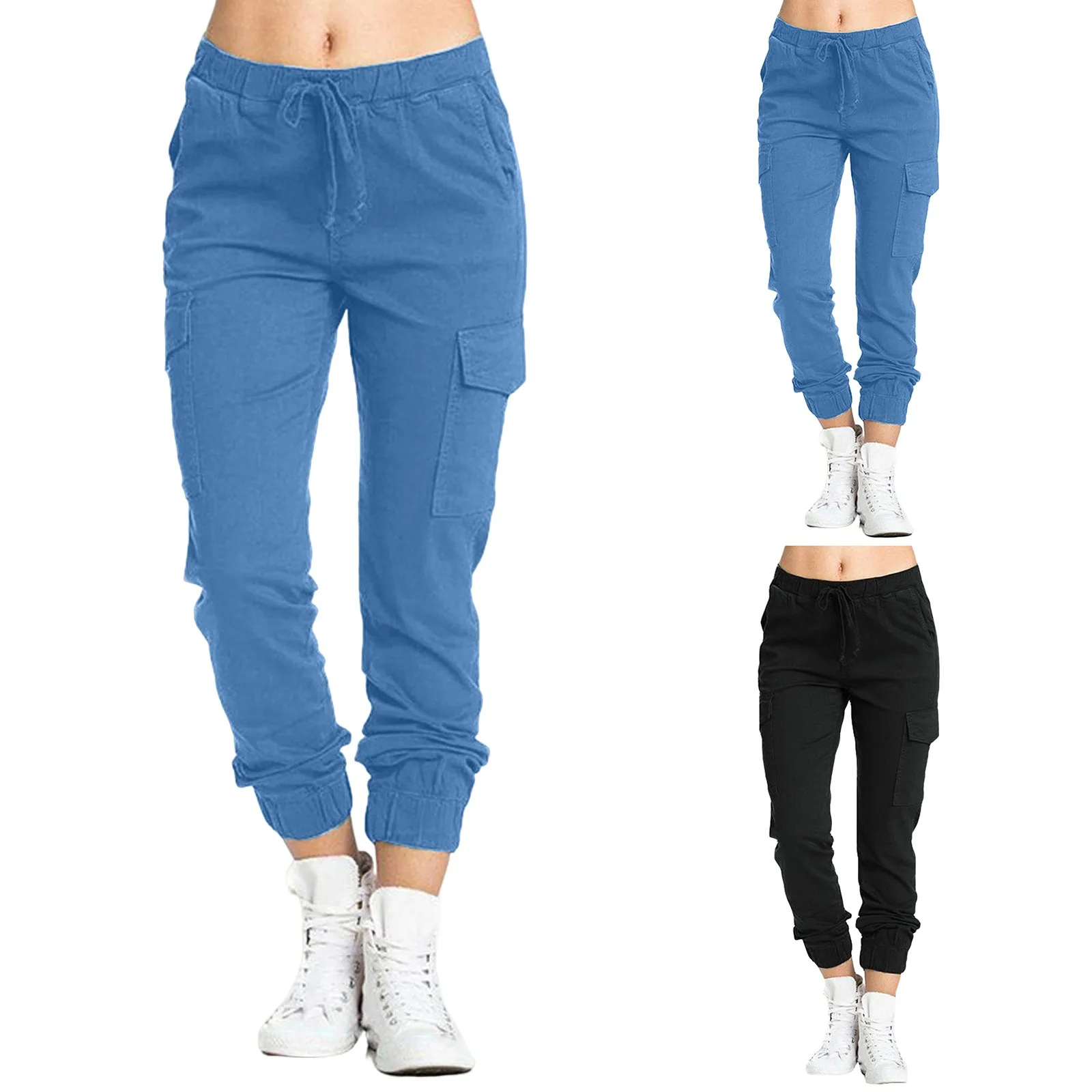 New Solid Jogger Women's Cargo Pants Multi-Pocket Drawstring Elastic Waist Women Sports Pants Streetwear Casual Long Pant